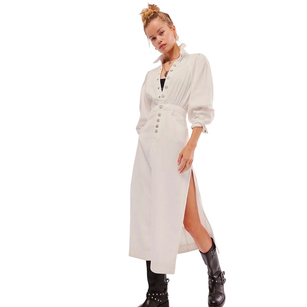 Free People White Denim Long Sleeve Button Front Maxi Dress‎ Small